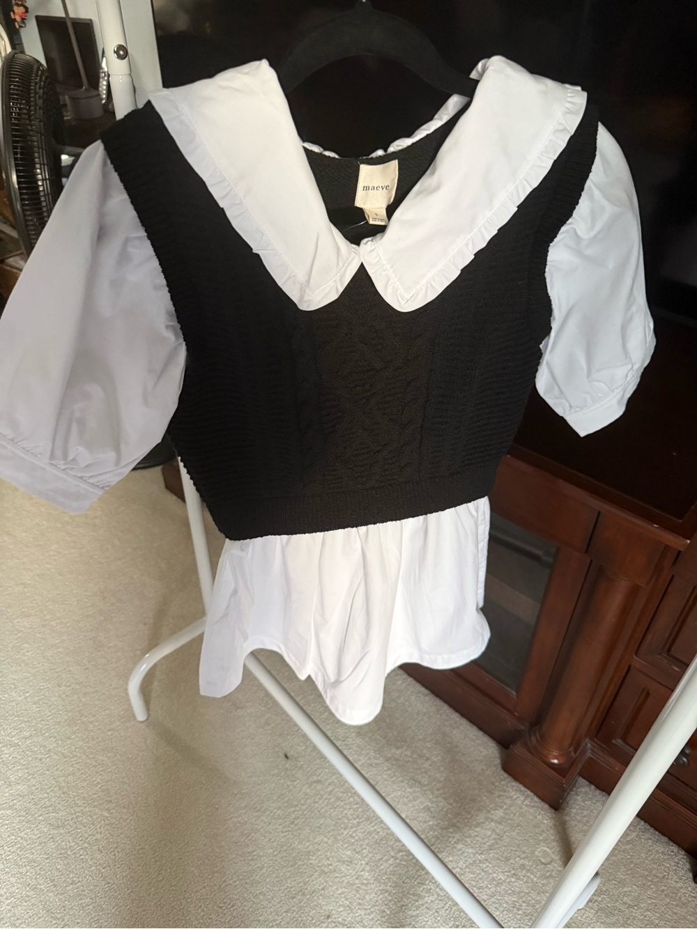 Maeve White Poplin Blouse with Black Knit Overlay